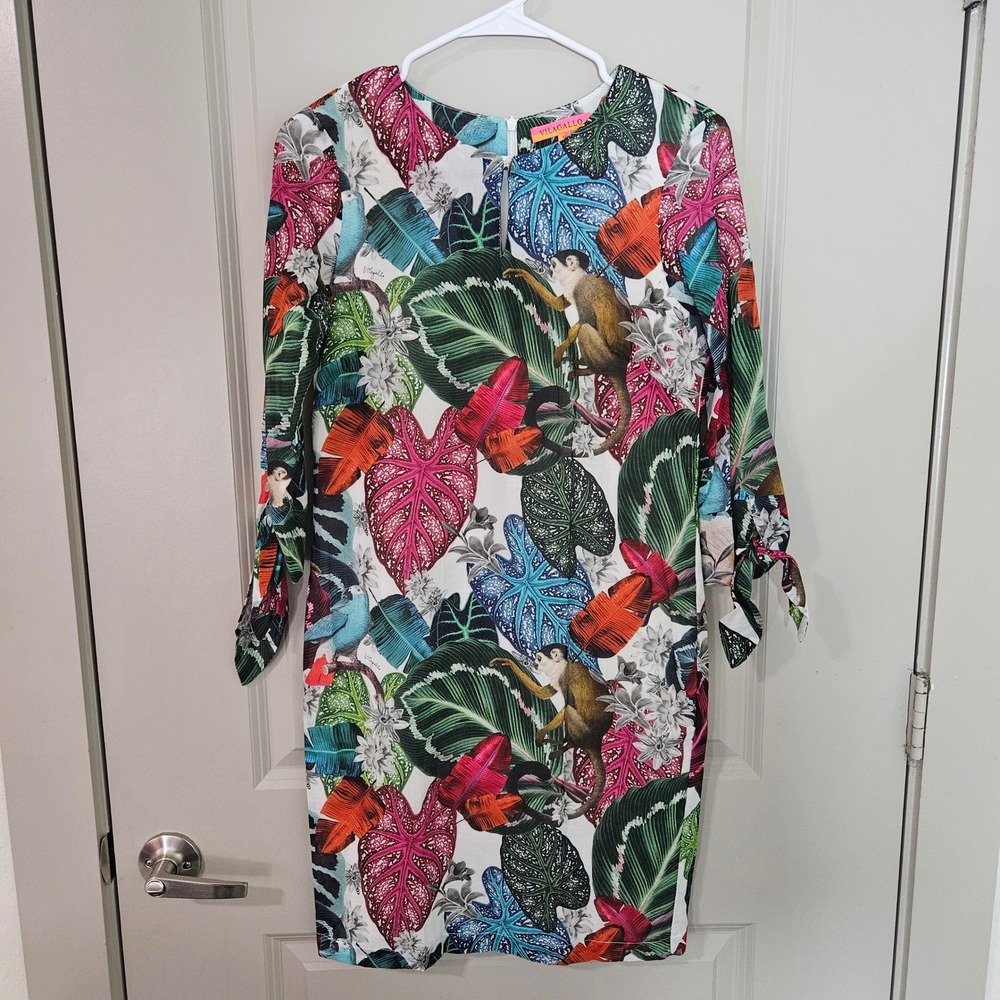 Vilagallo Tropical Monkey Bird Print Cotton Shift‎ Dress Made in Spain Size 36